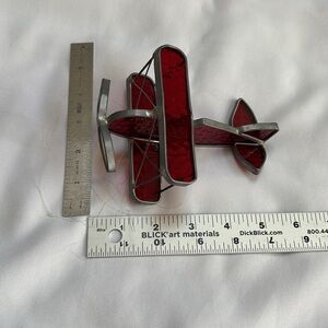 Vintage Stained Glass Airplane 5” Bi-plane Red & Silver Handmade Sun-catcher
